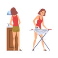 Woman Housewife Doing Domestic Chores Washing the Dishes and Clothes Ironing Vector Set Royalty Free Stock Photo