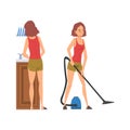 Woman Housewife Doing Domestic Chores Washing the Dishes and Vacuum Cleaning Floor Vector Set