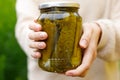 Woman housewife hand holding glass jar of pickled cucumbers. Domestic preparation pickling and canning of vegetables, winter Royalty Free Stock Photo