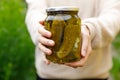 Woman housewife hand holding glass jar of pickled cucumbers. Domestic preparation pickling and canning of vegetables Royalty Free Stock Photo