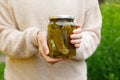 Woman housewife hand holding glass jar of pickled cucumbers. Domestic preparation pickling and canning of vegetables Royalty Free Stock Photo