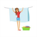 Woman Housewife Hanging Wet Laundry On The String Outdoors, Classic Household Duty Of Staying-at-home Wife Illustration Royalty Free Stock Photo