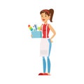 Woman Housewife Holding Box Of Domestic Chemistry And Inventory, Classic Household Duty Of Staying-at-home Wife