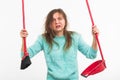 Woman or housewife holding broom, tired to cleaning, on white background, isolated with copy space.