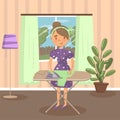 Woman housewife ironing clothes on an ironing board in living room vector illustration
