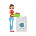 Woman Housewife Loading Dirty Laundry Into Washing Machine, Classic Household Duty Of Staying-at-home Wife Illustration Royalty Free Stock Photo