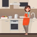 Woman housewife preparing food in the kitchen. Vector illustration in a flat style