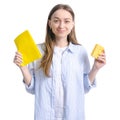 Woman housewife rag and cleaning sponge in hand Royalty Free Stock Photo