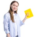 Woman housewife rag and cleaning sponge in hand Royalty Free Stock Photo