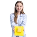 Woman housewife rag and cleaning sponge in hand Royalty Free Stock Photo