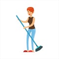 Woman Housewife Sweeping Floor With Broom, Classic Household Duty Of Staying-at-home Wife Illustration