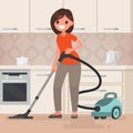 Woman housewife vacuuming the room. Vector illustration in a fla