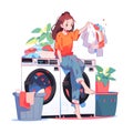 Woman housewife washes clothes in the washing machine. illustration in a flat style. Generative AI