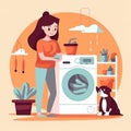 Woman housewife washes clothes in the washing machine. illustration in a flat style. Generative AI