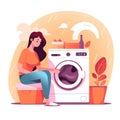 Woman housewife washes clothes in the washing machine. illustration in a flat style. Generative AI