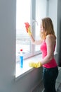 Woman housewife washes a window