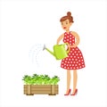 Woman Housewife Watering The Plants In The Pot, Classic Household Duty Of Staying-at-home Wife Illustration