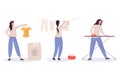 Woman at housework - laundry, drying and ironing of linen, girl washing dirty clothes, housekeeping and cleaning