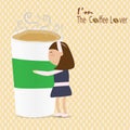 Woman hug a cup of coffee saying I'm the coffee lover