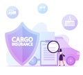 Woman with Huge Magnifying Glass Reading Contract for Cargo Insurance Service near Shield Symbol and Shipping Truck Royalty Free Stock Photo
