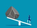 Woman with huge stones on seesaw. Concept business balance vector illustration, Rock, Pushing