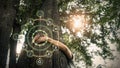 Woman hugging a big tree in the outdoor forest with ecology Environmental sustainability icon and Energy sources for renewable Royalty Free Stock Photo