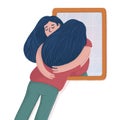 Woman hugging her reflection, self acceptance Royalty Free Stock Photo