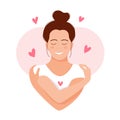 Woman hugging herself with hearts on white background. Love yourself. Love your body concept. Vector illustration. Royalty Free Stock Photo