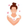 Woman hugging herself with hearts on white background. Love yourself. Love your body concept. Vector illustration. Royalty Free Stock Photo