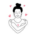 Woman hugging herself with hearts on white background. Love yourself. Love your body concept. Vector illustration. Royalty Free Stock Photo