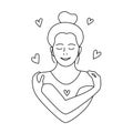 Woman hugging herself with hearts on white background. Love yourself. Love your body concept. Vector illustration. Royalty Free Stock Photo