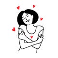 Woman hugging herself with hearts on white background. Love yourself. Love your body concept. Vector illustration. Royalty Free Stock Photo