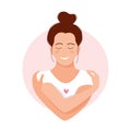 Woman hugging herself with hearts on white background. Love yourself. Love your body concept. Vector illustration. Royalty Free Stock Photo