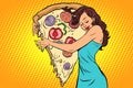 Woman hugging a pizza