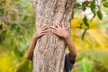 woman is hugging wood trunk in forest, female arms hugging the tree