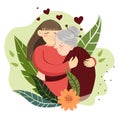 Woman hugs grandmother. Flowers and plants. Template for postcard