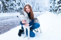 Woman hugs with siberian husky, friendship forever Royalty Free Stock Photo