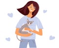 A woman hugs a sphinx cat. Happy girl with an arc pet in her arms. Portrait of a cat lover. Vector isolated illustration