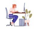 Woman with hunched back, sitting at computer desk. Person at desktop PC, table. Girl work in bad posture, incorrect