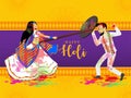 A woman hurl sticks at the man he try to save him with shield, to celebrating festival of india Lathmar Holi