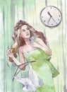 Woman hurrying with a clock on the wall