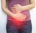 Woman hurts her intestine, syndrome, abdominal digestion stomach