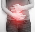 Woman hurts her intestine, syndrome, period abdominal digestion stomach Royalty Free Stock Photo