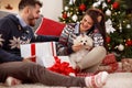 Woman and husband with Meltzer puppy in New Years eve Royalty Free Stock Photo