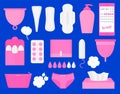 Woman hygiene products - tampon, menstrual cup, sanitary, pills. Vector flat big illustration set