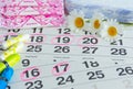 Woman hygiene protection , calendar close up.menstruation with cotton swabs , white daisies, Sanitary napkins on a light Royalty Free Stock Photo