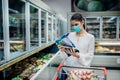 Woman with hygienic mask shopping for supplies.Pandemic quarantine preparation.hoosing nonperishable food essentials from store Royalty Free Stock Photo