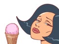 Woman with an ice cream cone. Sweet delicacy, sad mood