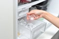 Woman with ice cubes from the freezer. An ice maker in a household refrigerator