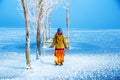 Woman on ice lake in beautiful ethno dress and beautiful frozen trees.